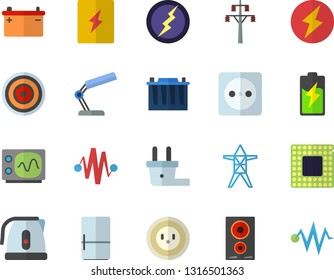 Color flat icon set switch box flat vector, electric kettle, induction cooker, fridge, battery, accumulator, socket, plug, power line support, reading lamp, cpu, oscilloscope, lightning