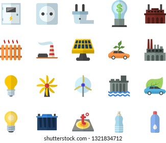 Color flat icon set switch box flat vector, warm floor, solar battery, windmill, factory, accumulator, lamp, socket, plug, hydroelectric power station, plant, eco cars, radiator, idea, bulb, water