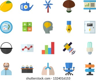 Color flat icon set switch box flat vector, cauldron, lemon, mushroom, windmill, watering can, calculator, lungs, ink pen, office chair, point diagram, meeting, chart, satellit, scientist, brain