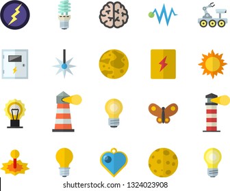 Color flat icon set switch box flat vector, sun, butterflies, lamp, energy saving, laser, lighthouse, moon, bulb, lightning, lunar rover, brain, electric discharge fector, heart pendant