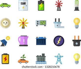 Color flat icon set switch box flat vector, electric kettle, windmill, battery, solar, accumulator, socket, plug, power line support, hydroelectric station, energy saving lamp, eco cars, bulb