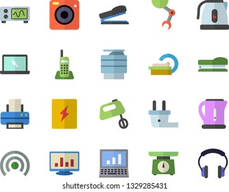 Color flat icon set switch box flat vector, weighing machine, electric kettle, mixer, plug socket, tomograph, computer chart, telephone, printer, copy, laptop, stapler, robot hand, oscilloscope