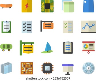 Color flat icon set switch box flat vector, cutting board, motherboard, signboard, flipchart, clipboard, chart, sticker, point diagram, to do list, electronic circuit, skateboard, windsurfing fector