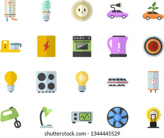 Color flat icon set switch box flat vector, boiler, electric kettle, stove, induction cooker, mixer, food processor, ventilation, lamp, socket, energy saving, eco cars, reading, bulb, oscilloscope