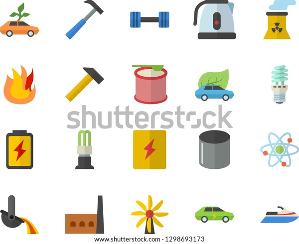 Color flat icon set switch box flat vector, hammer,\
electric kettle, fire, battery, windmill, manufactory, energy\
saving lamp, eco cars, pipe production, metallurgy, atom, nuclear\
power plant