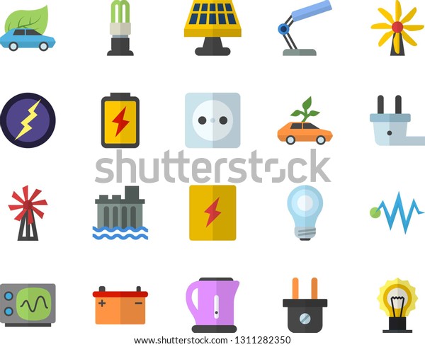 Color flat icon set switch box flat vector,\
electric kettle, windmill, battery, solar, accumulator, socket,\
plug, hydroelectric power station, energy saving lamp, eco cars,\
reading, bulb, lightning