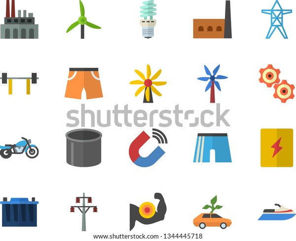 Color\
flat icon set switch box flat vector, windmill, accumulator, power\
line support, manufactory, plant, energy saving lamp, eco cars,\
pipe production, magnet, cogwheel, barbell,\
muscles