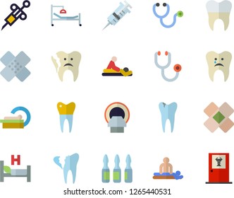 Color flat icon set syringe flat vector, stethoscope, hospital bed, massage, patch, ampoule, tomograph, caries, broken tooth, dental crowns, doctor's office fector
