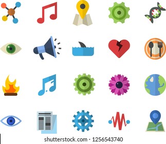 Color flat icon set table setting flat vector, flower, bonfire, earth, cogwheel, location, news, mouthpiece, eye, molecules, dna, electric discharge fector, shark, heart, note