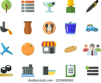 Color flat icon set table setting flat vector, jugful, bread, fish rolls, orange, tree, bucketful, hydroelectric power station, metallurgy, store front, team, clipboard, pen, aircraft fector, car