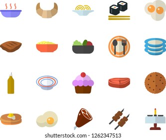 Color flat icon set table setting flat vector, plates, chop, biscuit, pancakes, croissant, cake, spaghetti, dish, salad, soup, porridge, ham, shashlik, fish rolls, scrambled eggs, mustard