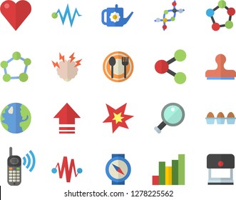 Color flat icon set table setting flat vector, egg, watering can, earth, chart, molecules, phone call, heart, molecule, spark, brainstorm, magnifier, dna, electric discharge fector, compass, upload