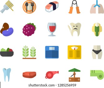 Color flat icon set table setting flat vector, chop, legumes, spaghetti on a fork, salad, sashimi, wine, blackberry, well, caries, broken tooth, lungs, ear, whistle, weighing machine, waistline