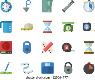 Color flat icon set tape measure flat vector, level meter, construction plummet, weighing machine, meashuring cup, weight, centimeter, stopwatch, hourglass