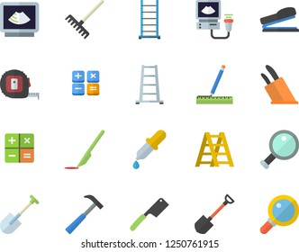 Color flat icon set tape measure flat vector, ladder, hammer, knives, shovel, rake, calculator, pipette, ultrasound, scalpel, stapler, magnifier