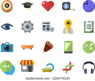 Color flat icon set tape measure flat vector, ham, store front, location, chat, tomograph, DNA, sperm, clipboard, document, bachelor cap, cogwheel, bowling ball, skateboard, target, mobile, heart