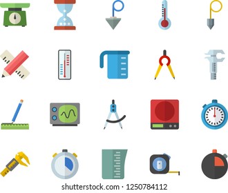 Color flat icon set tape measure flat vector, construction plummet, weighing machine, meashuring cup, thermometer, trammel, dividers, oscilloscope, stopwatch, hourglass