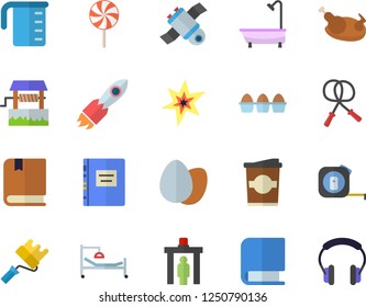 Color flat icon set tape measure flat vector, paint roller, shower, meashuring cup, egg, chicken, lollipop, coffe, well, rocket, hospital bed, book, satellit, spark, textbook, skipping rope, headset