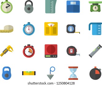 Color flat icon set tape measure flat vector, level meter, construction plummet, weighing machine, meashuring cup, stopwatch, trammel, weight, centimeter, hourglass
