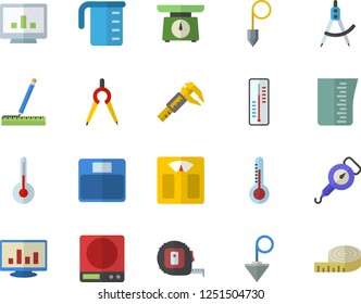 Color flat icon set tape measure flat vector, construction plummet, weighing machine, meashuring cup, spring balance, temperature, thermometer, trammel, dividers, computer chart, centimeter