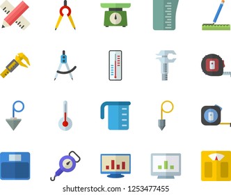 Color flat icon set tape measure flat vector, construction plummet, weighing machine, meashuring cup, spring balance, temperature, thermometer, trammel, dividers, computer chart