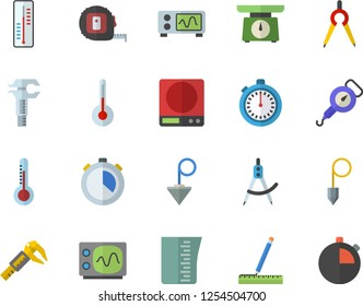 Color flat icon set tape measure flat vector, construction plummet, weighing machine, meashuring cup, spring balance, temperature, thermometer, trammel, dividers, oscilloscope, stopwatch