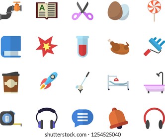 Color flat icon set tape measure flat vector, paint roller, shower, scissors, egg, chicken, lollipop, coffe, main pipeline, rocket, blood test, hospital bed, book, spark, golf fector, bell, chat