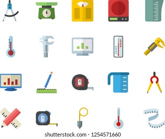 Color flat icon set tape measure flat vector, construction plummet, weighing machine, meashuring cup, temperature, thermometer, trammel, dividers, computer chart, centimeter