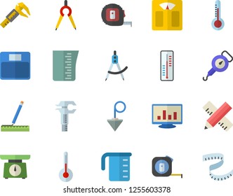 Color flat icon set tape measure flat vector, construction plummet, weighing machine, meashuring cup, spring balance, temperature, thermometer, trammel, dividers, computer chart, centimeter
