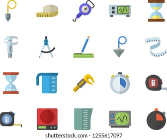 Color flat icon set tape measure flat vector, construction plummet, weighing machine, meashuring cup, spring balance, trammel, dividers, oscilloscope, centimeter, hourglass, stopwatch
