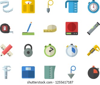 Color flat icon set tape measure flat vector, level meter, construction plummet, weighing machine, meashuring cup, stopwatch, trammel, weight, centimeter
