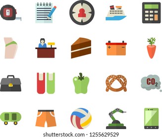Color flat icon set tape measure flat vector, cake, bagel, carrot, bell pepper, accumulator, carbon dioxide, robotics, target audience, briefcase, calculator, book, notepad, skateboard, volleyball