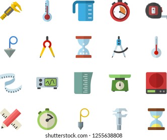 Color flat icon set tape measure flat vector, construction plummet, weighing machine, meashuring cup, stopwatch, temperature, thermometer, trammel, dividers, oscilloscope, centimeter, hourglass