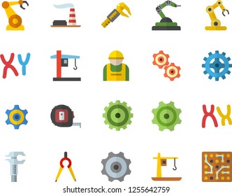 Color flat icon set tape measure flat vector, trammel, factory, cogwheel, construction worker, crane, robotics, dividers, chromosomes, industrial robot, electronic circuit Color flat icon set tape measure flat vector, trammel, factory, cogwheel, construction worker, crane, robotics, dividers, chromosomes, industrial robot, electronic circuit