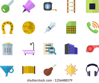 Color flat icon set tape measure flat vector, shower, fence, ham, horseshoe, ladder, sun, SIM card, funnel, phone call, syringe, office building, magnifier, moon, cpu, whistle, key fector, trash can
