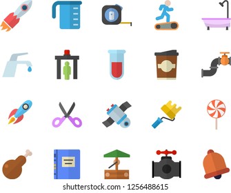 Color flat icon set tape measure flat vector, paint roller, shower, faucet, meashuring cup, scissors, chicken, lollipop, coffe, well, main pipeline, rocket, blood test, satellit, textbook, Treadmill