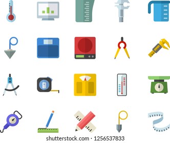 Color flat icon set tape measure flat vector, construction plummet, weighing machine, meashuring cup, spring balance, thermometer, trammel, dividers, computer chart, centimeter