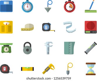 Color flat icon set tape measure flat vector, level meter, construction plummet, weighing machine, meashuring cup, trammel, weight, centimeter, stopwatch, hourglass