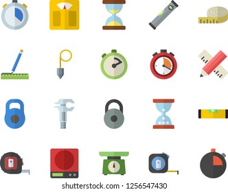 Color flat icon set tape measure flat vector, level meter, construction plummet, weighing machine, stopwatch, trammel, weight, centimeter, hourglass