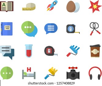 Color flat icon set tape measure flat vector, paint roller, egg, coffe, main pipeline, rocket, chat, blood test, hospital bed, spark, textbook, centimeter, skipping rope, book, headset