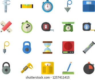 Color flat icon set tape measure flat vector, level meter, construction plummet, weighing machine, stopwatch, trammel, weight, hourglass