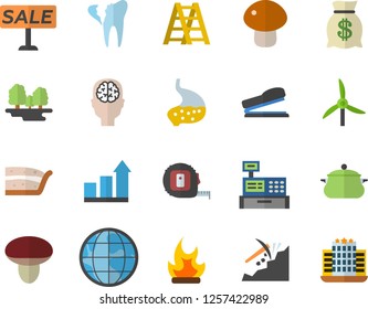 Color flat icon set tape measure flat vector, ladder, saucepan, mushroom, piece of cake, bonfire, windmill, forest, mining, earth, wealth, sell out, cash machine, broken tooth, stomach, stapler