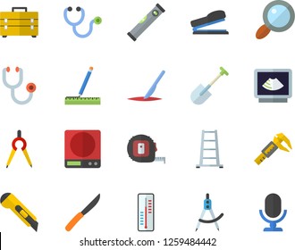 Color flat icon set tape measure flat vector, tool bag, level meter, stationery knife, weighing machine, knives, thermometer, shovel, ladder, trammel, dividers, magnifier, stethoscope, ultrasound
