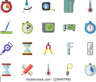 Color flat icon set tape measure flat vector, construction plummet, meashuring cup, spring balance, stopwatch, temperature, thermometer, dividers, trammel, oscilloscope, hourglass