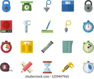 Color flat icon set tape measure flat vector, level meter, construction plummet, weighing machine, meashuring cup, stopwatch, trammel, weight, hourglass