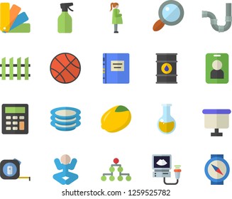 Color flat icon set tape measure flat vector, color scheme, pipes, fence, plates, lemon, pulverizer, oil tanks, magnifier, flipchart, medical analysis, ultrasound, gestation, calculator, textbook