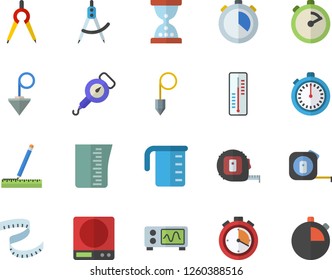 Color flat icon set tape measure flat vector, construction plummet, weighing machine, meashuring cup, spring balance, stopwatch, thermometer, dividers, oscilloscope, centimeter, hourglass