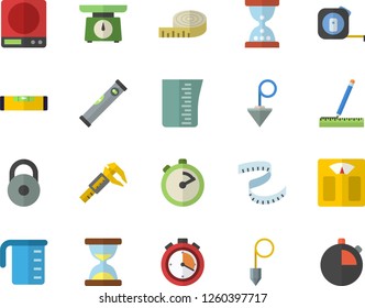Color flat icon set tape measure flat vector, level meter, construction plummet, weighing machine, meashuring cup, stopwatch, trammel, weight, centimeter, hourglass