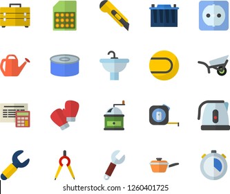 Color flat icon set tape measure flat vector, tool bag, sink, sockets, calculator, stationery knife, saute, electric kettle, coffee grinder, canned food, watering can, garden wheelbarrow, SIM card