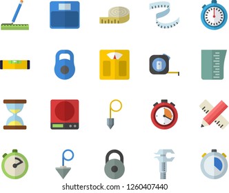 Color flat icon set tape measure flat vector, level meter, construction plummet, weighing machine, meashuring cup, stopwatch, trammel, weight, centimeter, hourglass